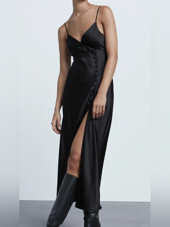 Zara Dresses & Skirts - Zara Black Satin Slip Midi Dress Button Detail Side Slit Size L Chic